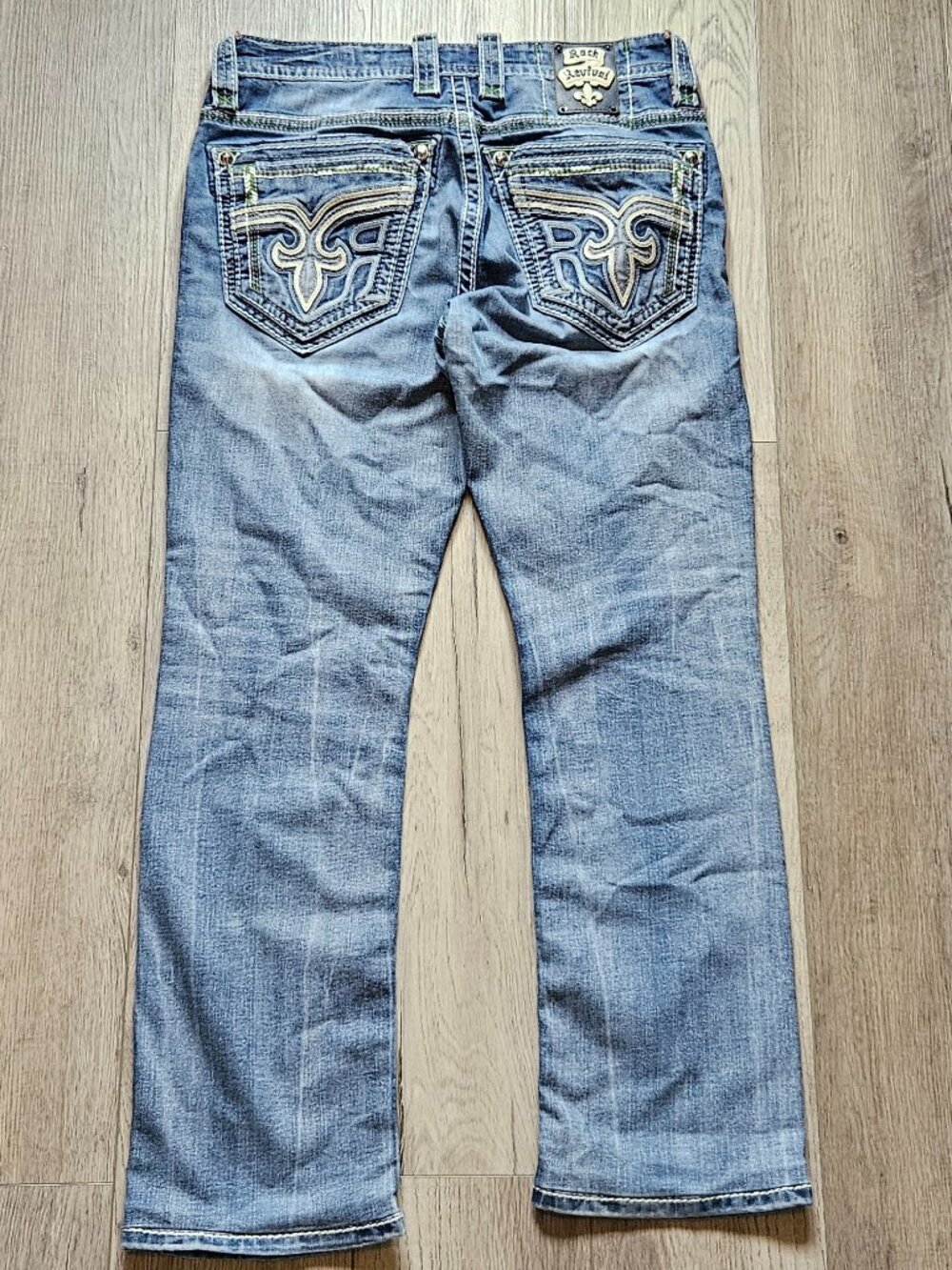 Rock Revival Raynon Straight Men's Blue Denim Jeans Contrast Stitching Size 34